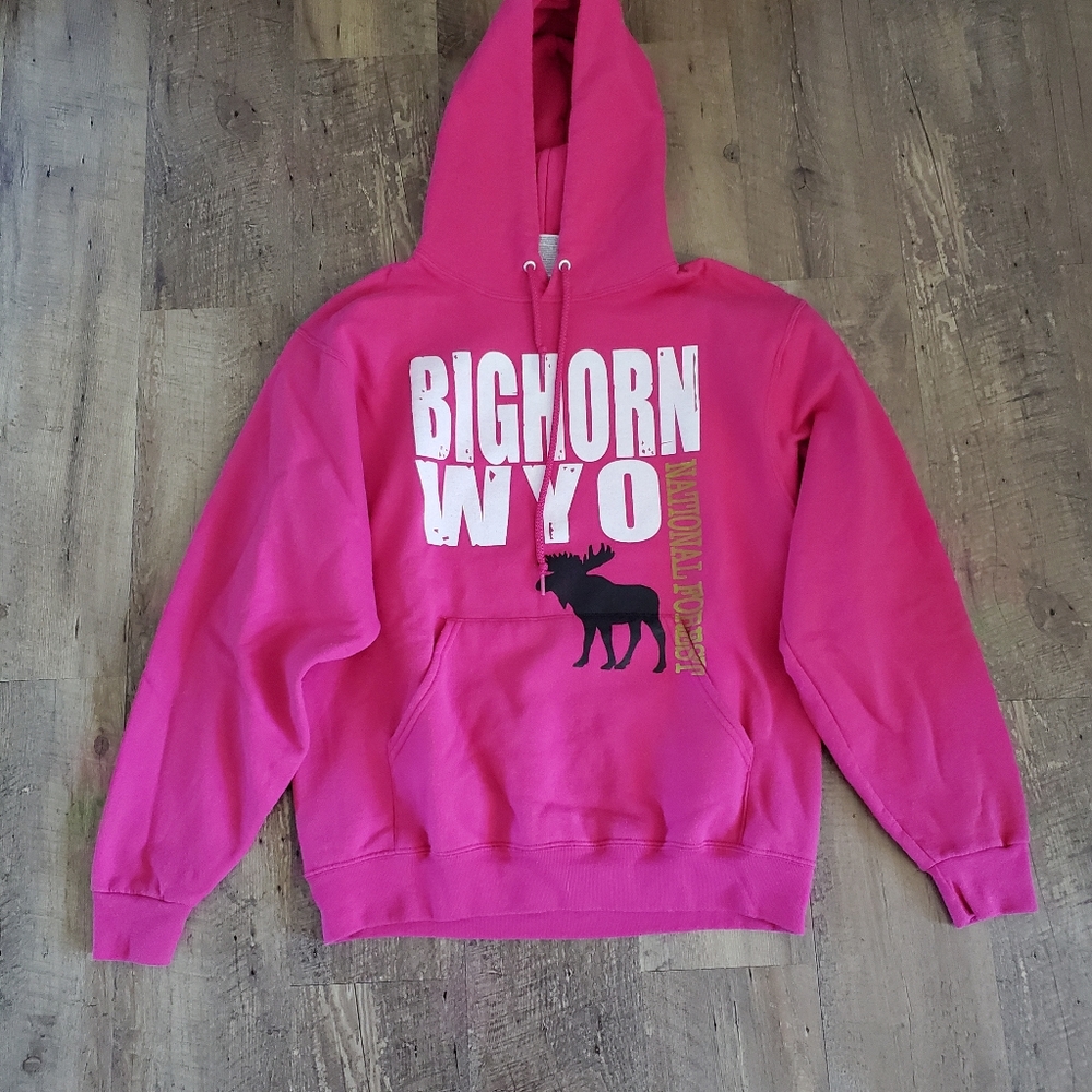 BIGHORN WY National Forest Women's M Fucshia Pink Hoodie Moose Travel Souvenir
